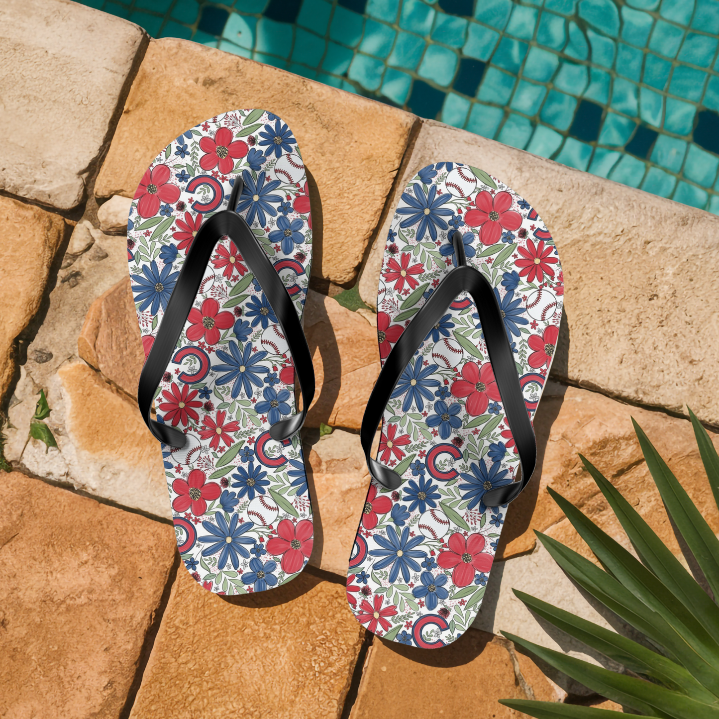 Floral Chicago Cubs Flip Flops