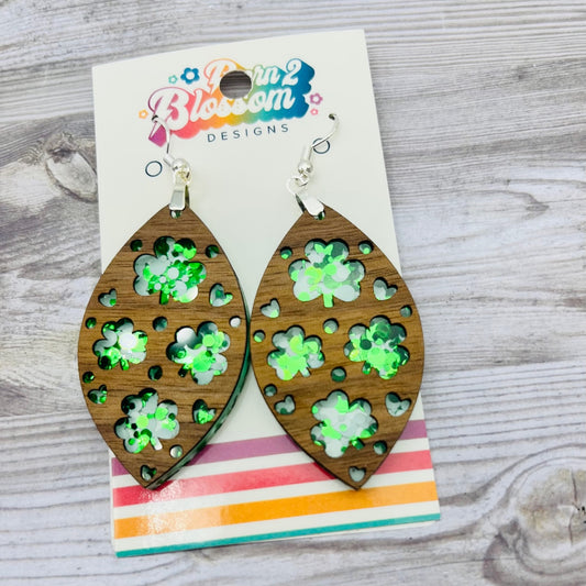 CLEARANCE Engraved Shamrock in Wood over Glitter Dangles