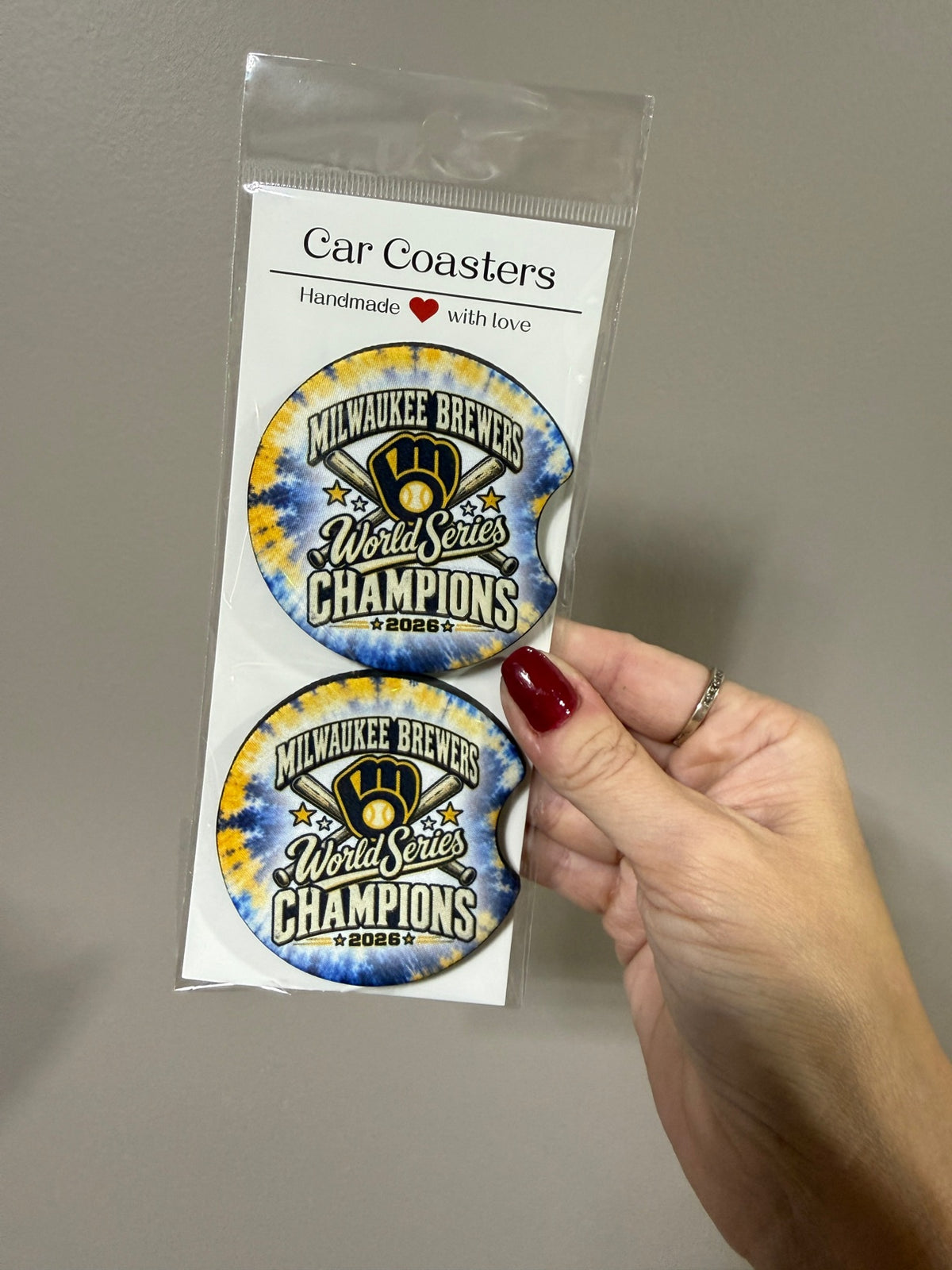 World Series Car Coaster Set, two neoprene coasters in packaging