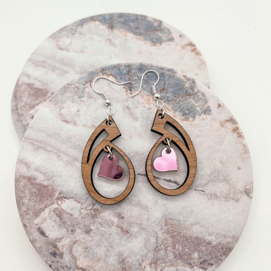 Wood With Pink Heart Dangles