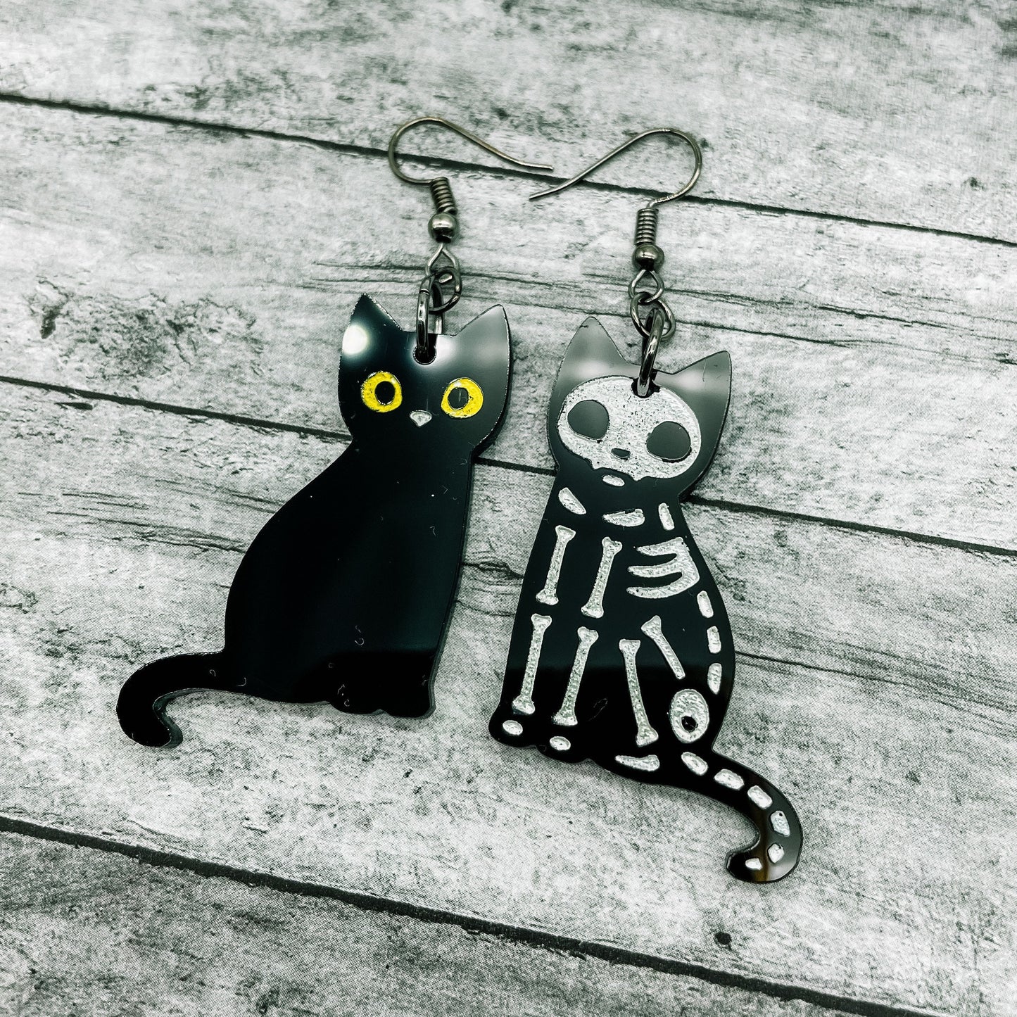 Mismatched Black Cat Skeleton Dangles