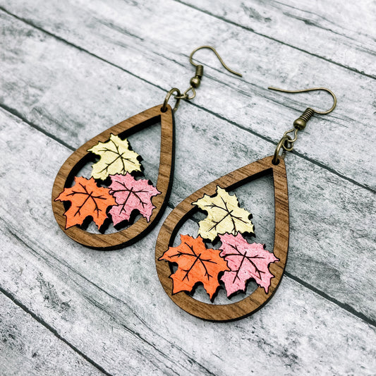 Wood Maple Leaf Teardrop Dangles