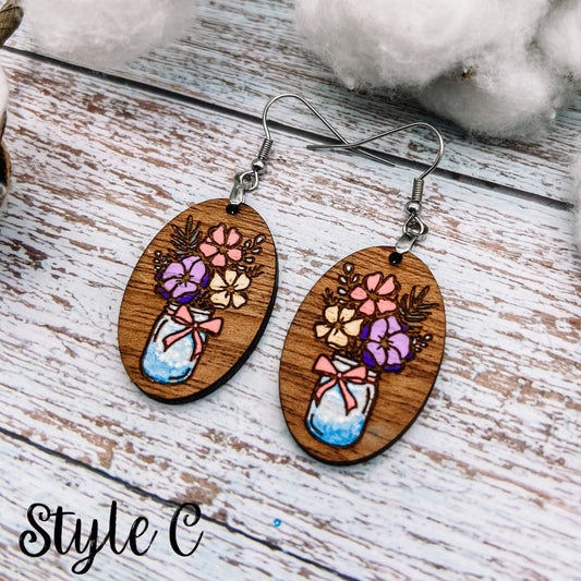 MAY CLEARANCE Handpainted Floral Wood Dangles